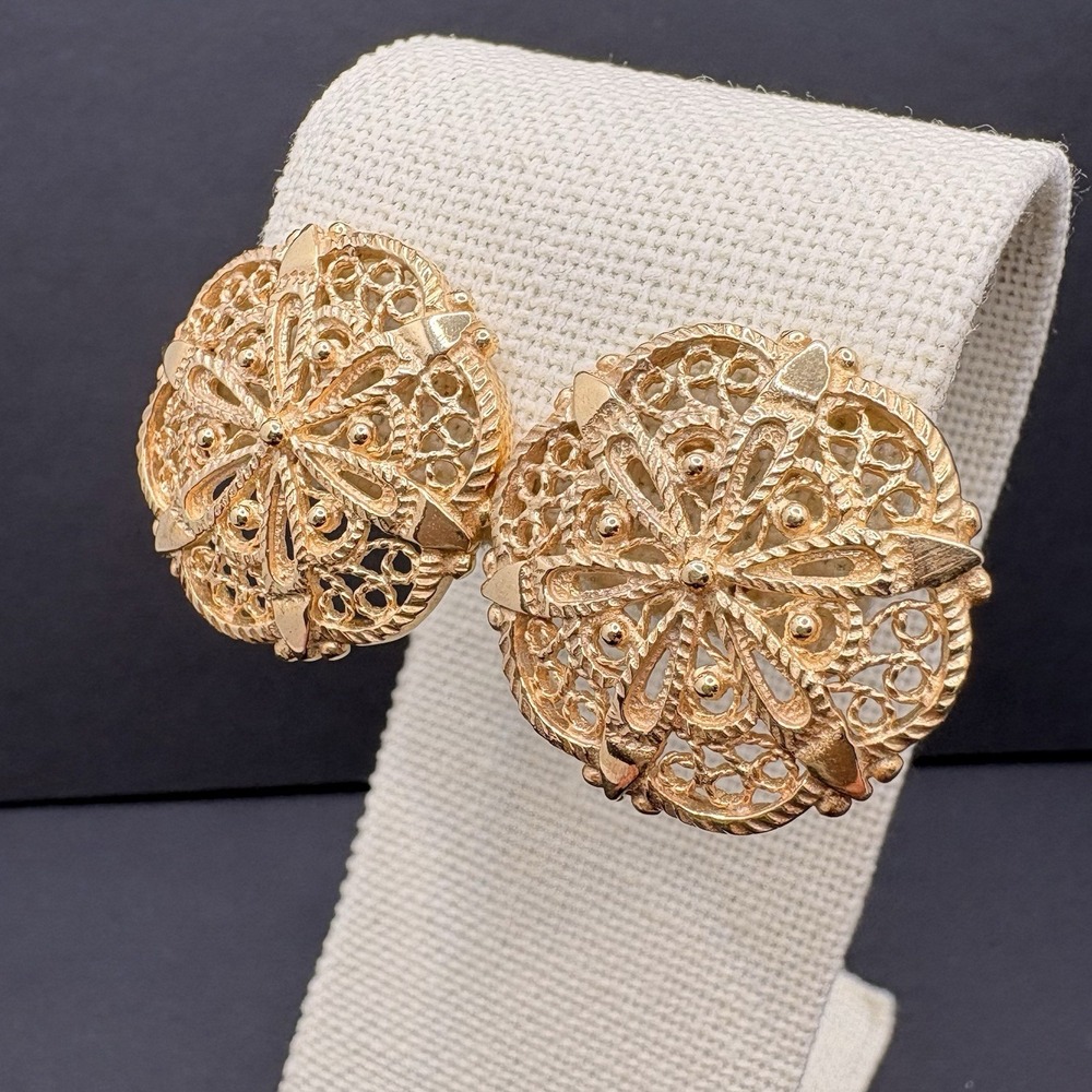 Vintage Turkey Sunburst Filigree Gold Tone Pierced Post Earrings‎ Ornate Classic